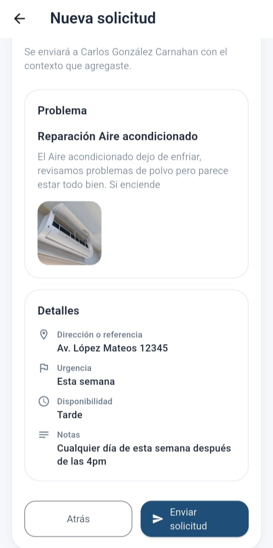 Pantalla de Fixio para crear una solicitud con detalles y fotos