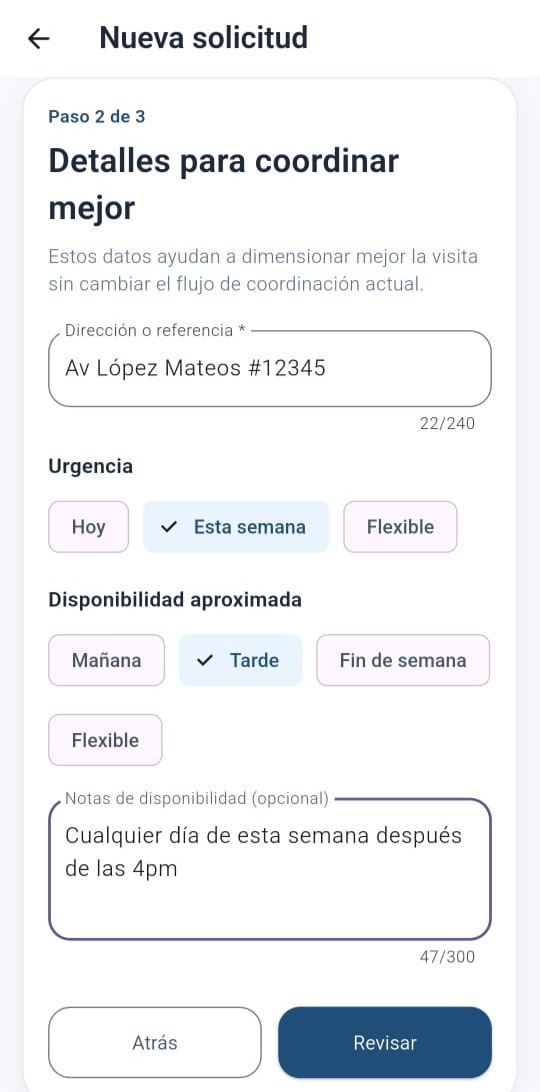 Pantalla de Fixio para crear una solicitud