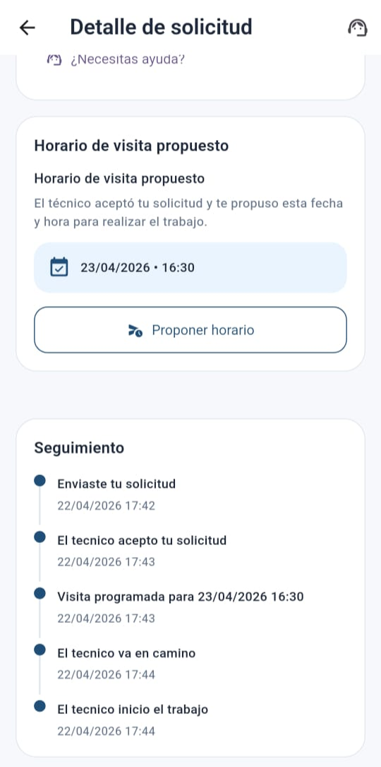 Pantalla de seguimiento del servicio en Fixio