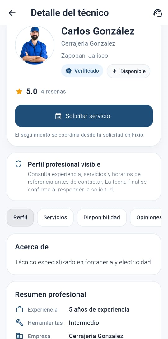 Perfil de técnico en Fixio